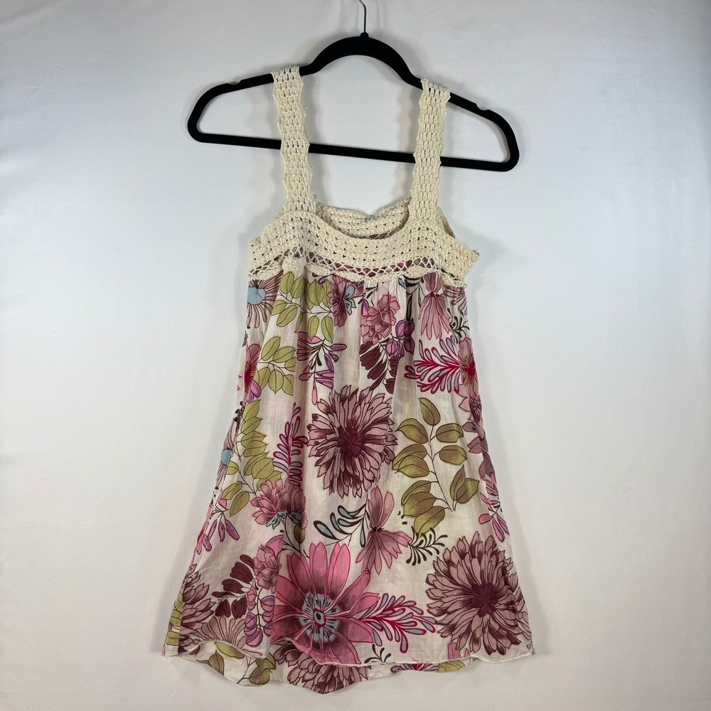 Jennifer & Grace Pink Floral Crochet Trim Cotton Mini Dress Tunic Womens Small